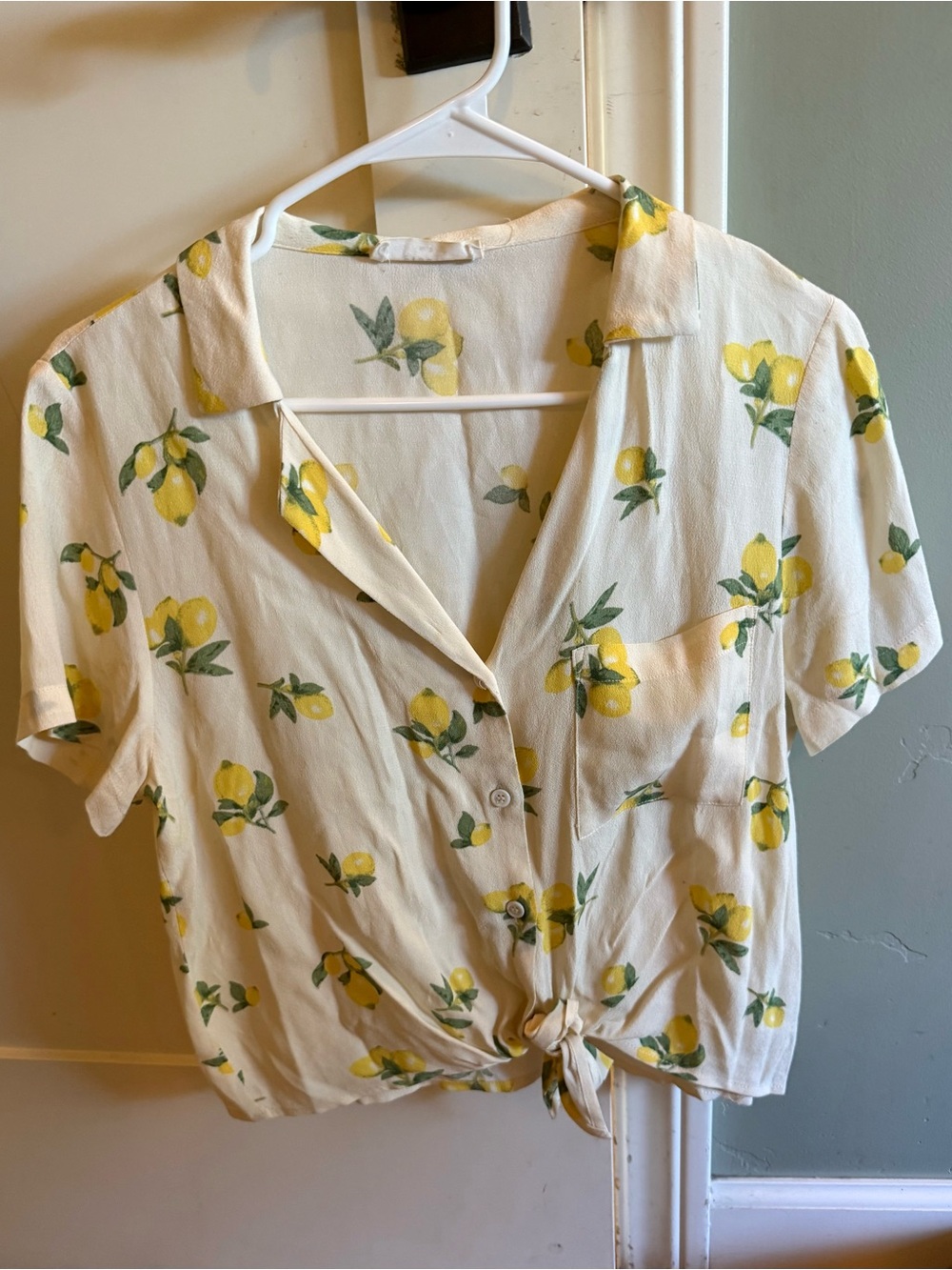 Elodie White Lemon-Print Tie-Front Button Blouse